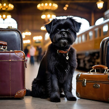 Affenpinscher Dog Sitting In A Vintage Train Station, Surrounded By Antique Luggage And The Hustle And Bustle Of Travelers