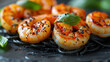 Grilled shrimps with herbs and spices on a black background, garnished with fresh basil leaves, perfect for culinary themes.