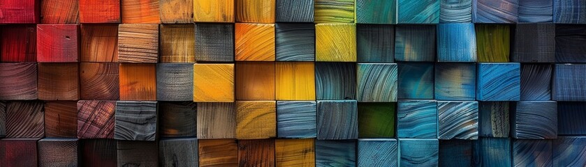 Colorful  wooden cubes form a vibrant display on the textured wall surface.