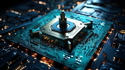 Poster - Computer futuristic boards with microchips energy chips and transistors on high tech computer abstract background. Data center, big data