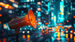 In a futuristic cityscape, an orange megaphone stands out against the neon-lit skyline, the bokeh lights reflecting off its sleek surface