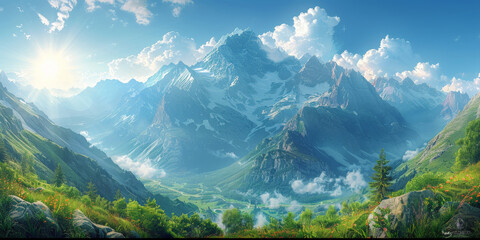 Wall Mural - panorama view of mountains, The sun shines on the top of mountain, overlooking a wide view of mountains and valleys below.banner