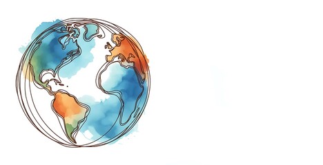 watercolor continuous earth line drawing symbol. earth day, stock vector illustration isolated on wh