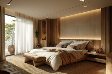 Modern bedroom interior with wooden walls, headboard, bed, and nightstand in contemporary style design concept