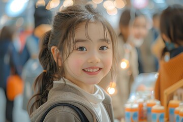 Joyful Asian Japanese kids in business attire chat and laugh by an exhibition booth, with tables of products and milk cups in the background.