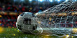 Soccer ball flies into the goal, closeup of football net with blurred stadium background. Concept for sport or game concept. 