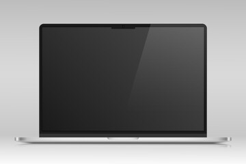 Fototapete - Realistic layout of a modern laptop in a light silver thin metal case. A laptop with an empty black screen on a gray gradient background. Vector EPS 10.