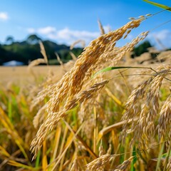 Wall Mural - Rice field with blue sky, close up of golden ears of rice