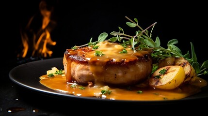 Wall Mural - Grilled pork loin with potatoes in a pan on black background