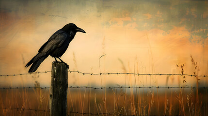 Poster - A solitary raven poised on a weathered fence post against a soft sunset sky