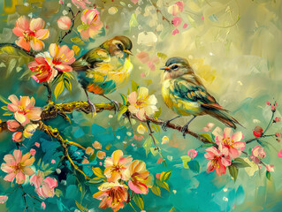 Wall Mural - Birds and flowers  oil painting romanticism styule