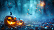 Candle lit Halloween Pumpkins, Scary Halloween pumpkin on wooden planks, Autumn still life in bright sunlight, Halloween Pumpkin on wooden table, Generative Ai