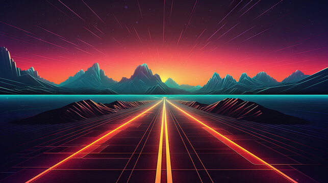 Road to horizon in synthwave style. 80s styled purple and blue synthwave highway landscape.