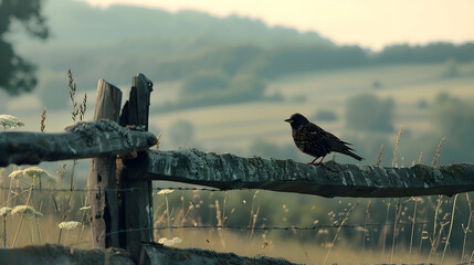 Wall Mural - A starling perched on a weathered wooden fence, its feathers ruffled by a gentle breeze, with rolling hills and a distant forest softly blurred in the twilight