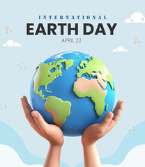 earth day poster with 3d rendering hands holding earth globe