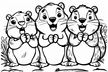 A cheerful black and white coloring page for children showcasing three cartoon groundhogs