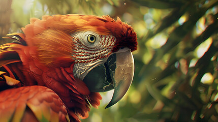 Wall Mural - A striking close-up of a macaw's intense gaze, set against a dreamy, blurred jungle canopy, inviting focus on its intricate feathers