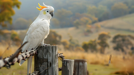 Wall Mural - A stunning cockatoo perched on a weathered wooden fence, with a blurred countryside landscape in the background, inviting text overlay on the left