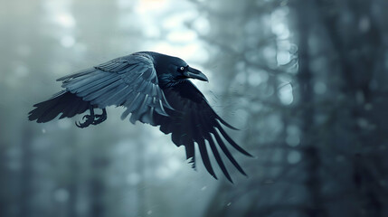 Wall Mural - A striking raven in mid-flight, captured in crystal-clear detail amidst a blurred forest backdrop