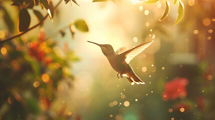 Wall Mural - A tiny hummingbird hovering near a feeder, its iridescent feathers shimmering in the sunlight against a blurred backyard landscape