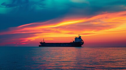 Wall Mural - Lone cargo ship against a vibrant sunset over the tranquil sea