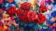 an artistic representation of a cutout bouquet of red roses on a background filled with diverse and vibrant hues attractive look