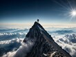 person stands  at the summit of a mountain, under the bright sun, with clouds stretching below as far as the eye can see