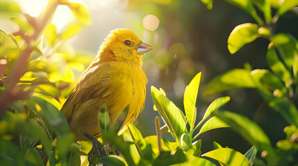 Wall Mural - A vibrant yellow finch amidst lush green foliage, its feathers glowing in the sunlight against a blurred background