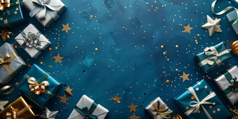 Wall Mural - A blue christmas background with small golden stars and gift boxes decorations, Xmas banner design, Happy New Year, party invitation card template, winter holiday ,copy space