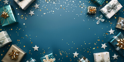 Wall Mural - A blue christmas background with small golden stars and gift boxes decorations, Xmas banner design, Happy New Year, party invitation card template, winter holiday ,copy space