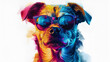 Cartoon colorful dog with sunglasses on a white background, generative Ai