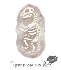 Wall Mural - Fossil of Tyrannosaurus rex dinosaur in rock . Watercolor paint design . Vector .