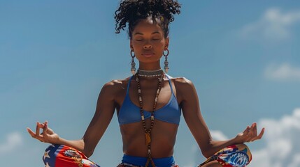 Patriotic Yoga Peace: African American woman in tranquility, dressed in Independence Day colors against a blue sky