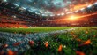 Stunning view of a lively stadium filled with confetti and fans during a sunset that bathes the scene in golden light.
