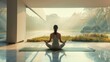 Summer Dawn Yoga: Woman enjoys yoga in a modern indoor-outdoor space at the break of summer dawn