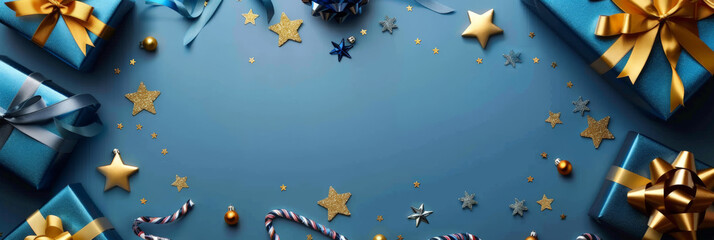 Wall Mural - A blue christmas background with small golden stars and gift boxes decorations, Xmas banner design, Happy New Year, party invitation card template, winter holiday ,copy space