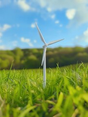 detailed view of a wind turbine model in a grassy field, small scale, big impact,