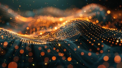 Poster - A wave of light is shown in a black and orange background. The light is made up of many small dots, creating a sense of movement and energy. The image conveys a feeling of excitement and wonder