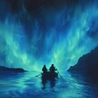   Two people in a rowboat on tranquil water, Aurora lights dancing above