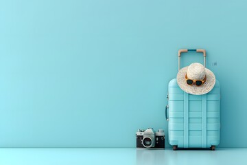 Red travel suitcase with hat on blue background.