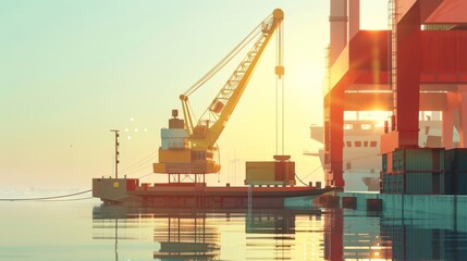 Wall Mural - Golden hour at a minimalist shipping dock with industrial crane and cargo ships