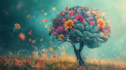 Wall Mural - Surreal brain tree with colorful flowers in a mystical setting