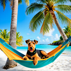 Airedale Terrier dog lounging in a hammock strung between two palm trees on a tropical island with turquoise waters and white sand beaches