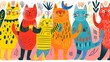 Whimsical illustration of a row of colorful patterned cats with playful expressions