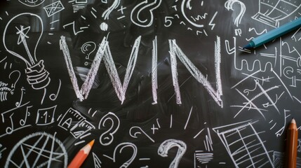 Chalk drawing of 'WIN' with doodles and two pencils on blackboard