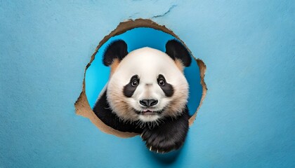 Panda peeking out of a hole in blue wall