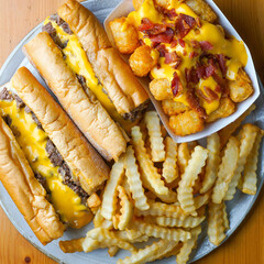 Poster - Philly cheesesteak with French fries and tater tots