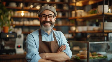 Wall Mural - A man with a beard and glasses standing in front of the counter, AI