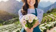 Cropped photo of charming happy young woman smile give you receive flowers