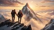 Two climbers standing at the summit of a mountain, gazing at the next mountain they will climb